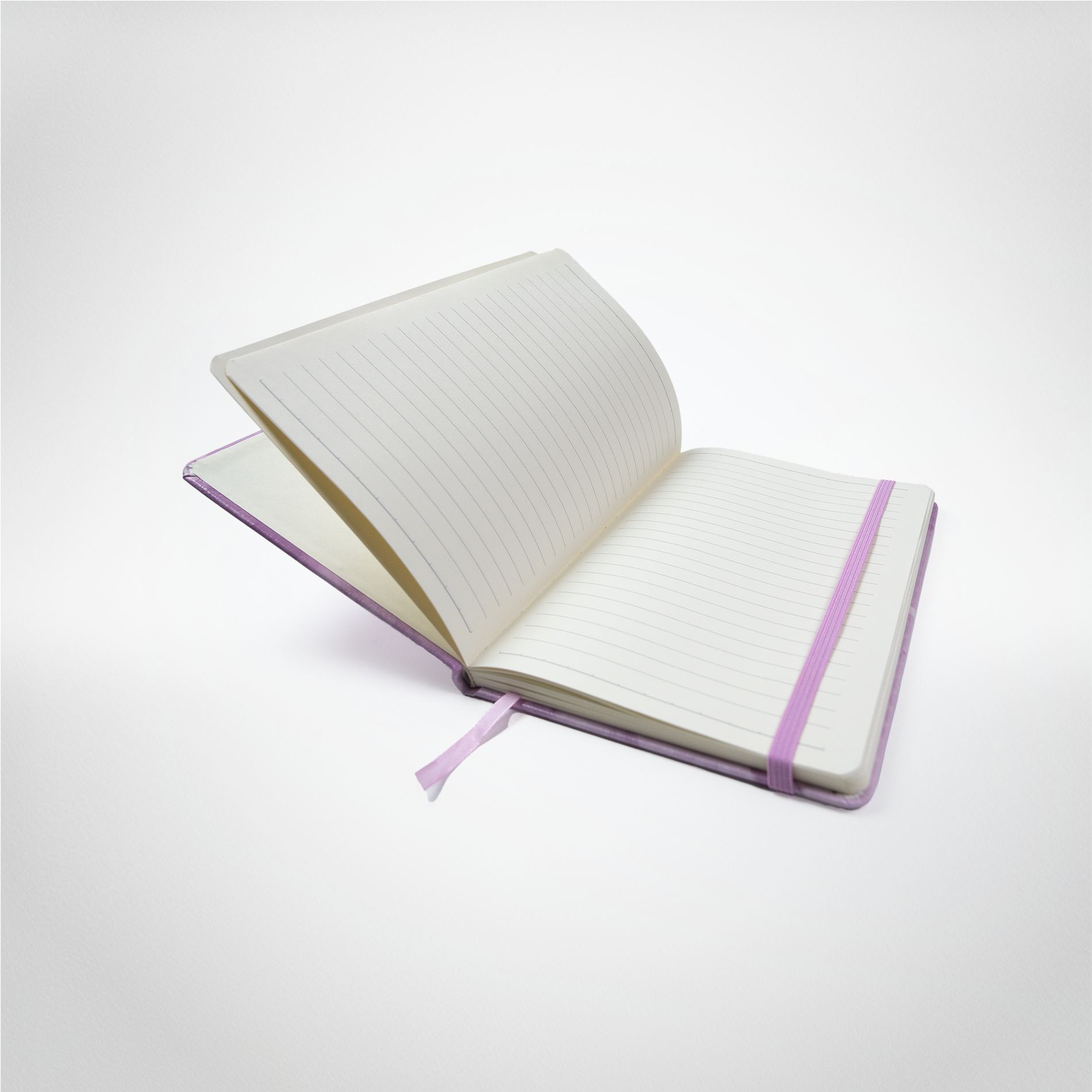A5 journel showing lined pages and elastic bookmark