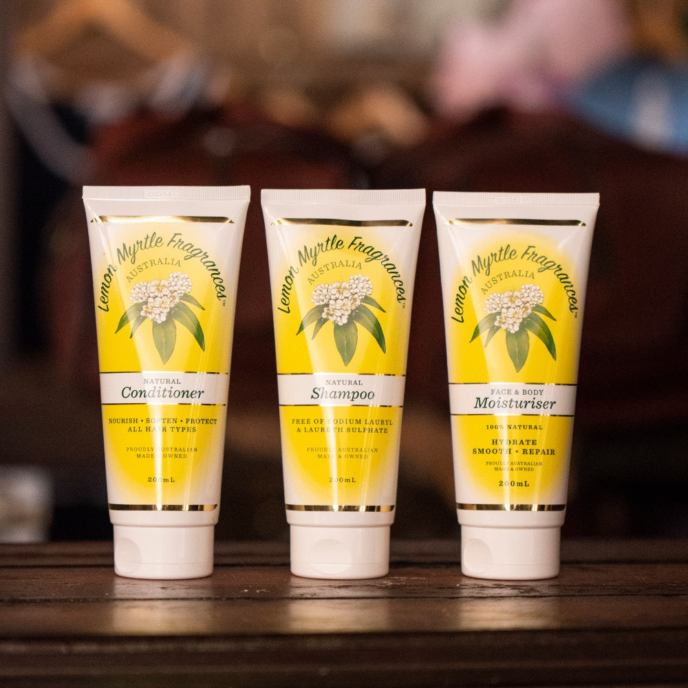 Lemon Myrtle Conditioner, Shampoo and Moisturiser. 200ml tubes