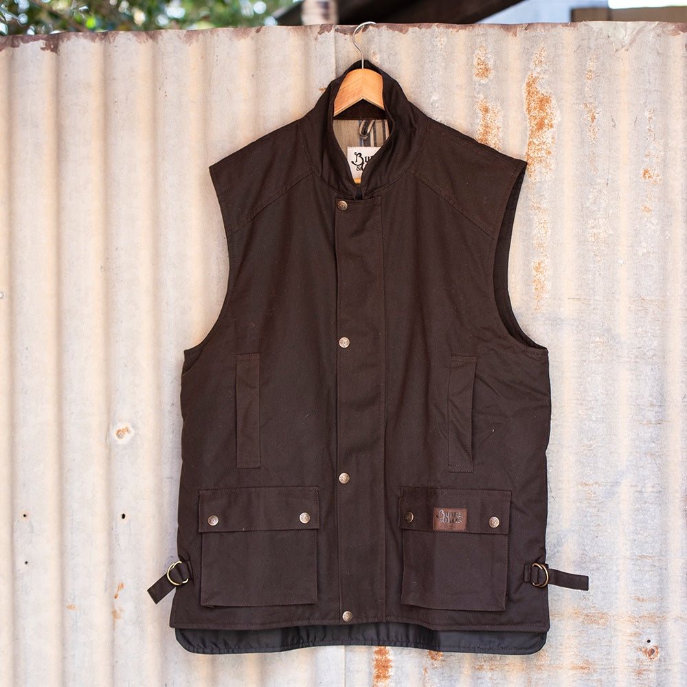 Burke and Wills. Capricorn Oilskin Vest Brown with pockets.