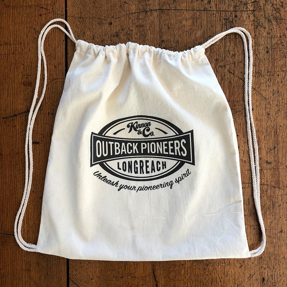 Outback Pioneers logo branded White calico bag with rope handles