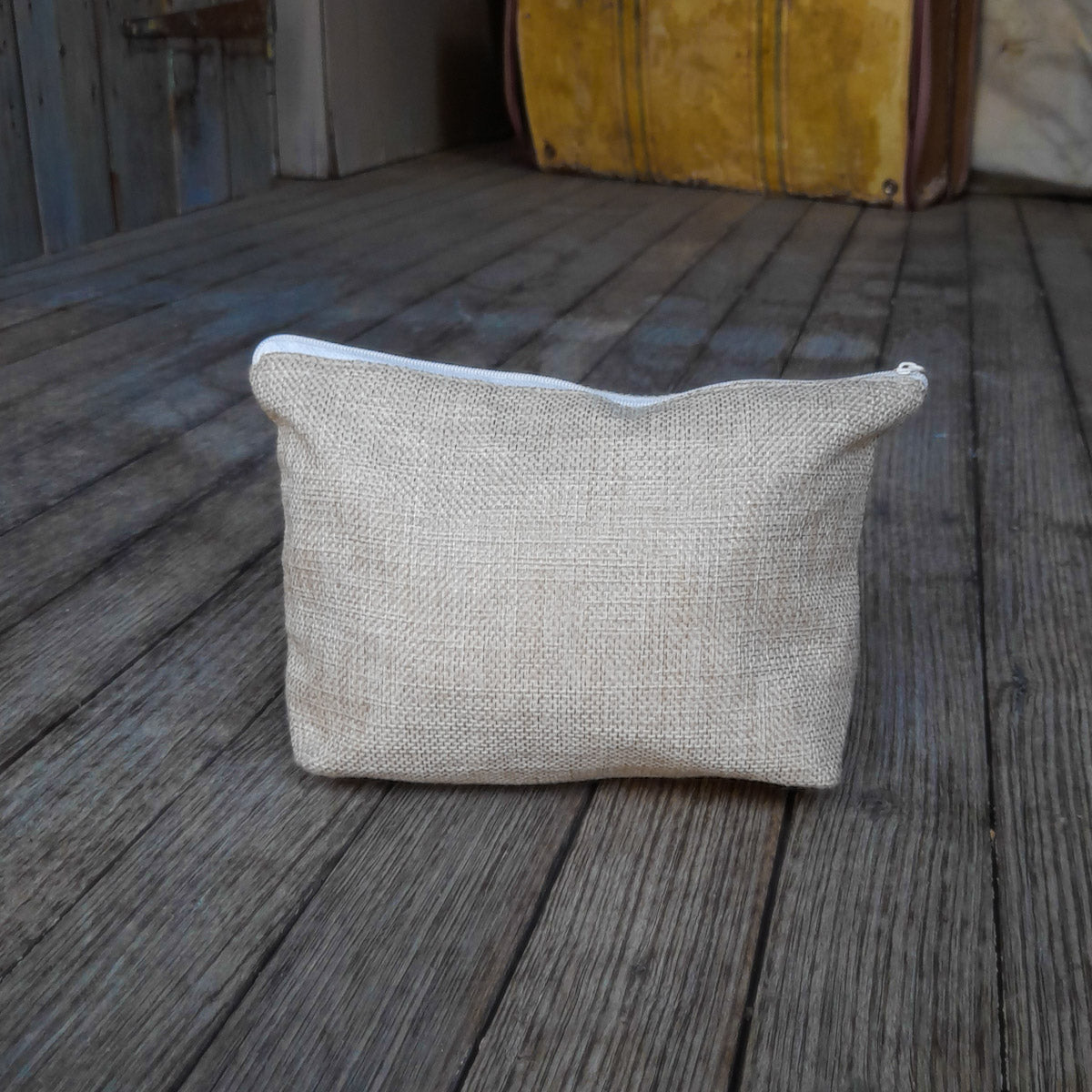 Outback Pioneers branded Poly Jute Cosmetic Bag with zip. Back.