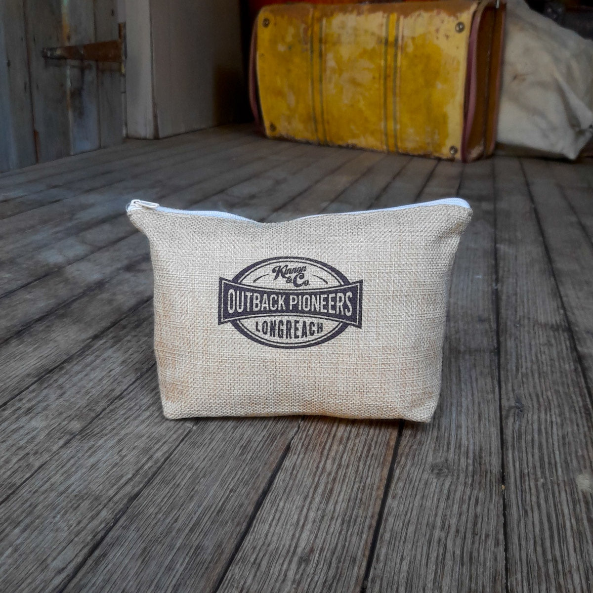 Outback Pioneers branded Poly Jute Cosmetic Bag with zip. Front