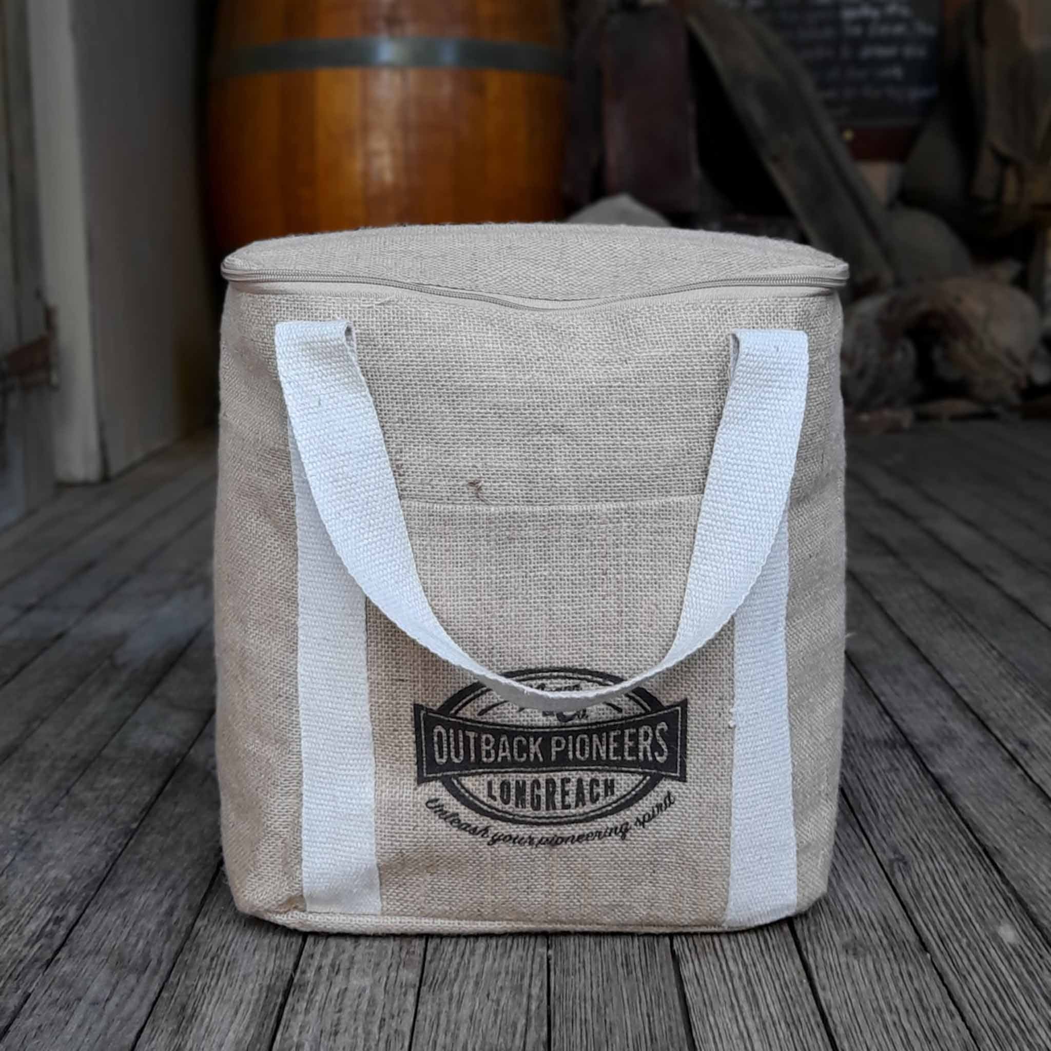 Outback Pioneers branded Jute Cooler Bag featuring cotton handles.
