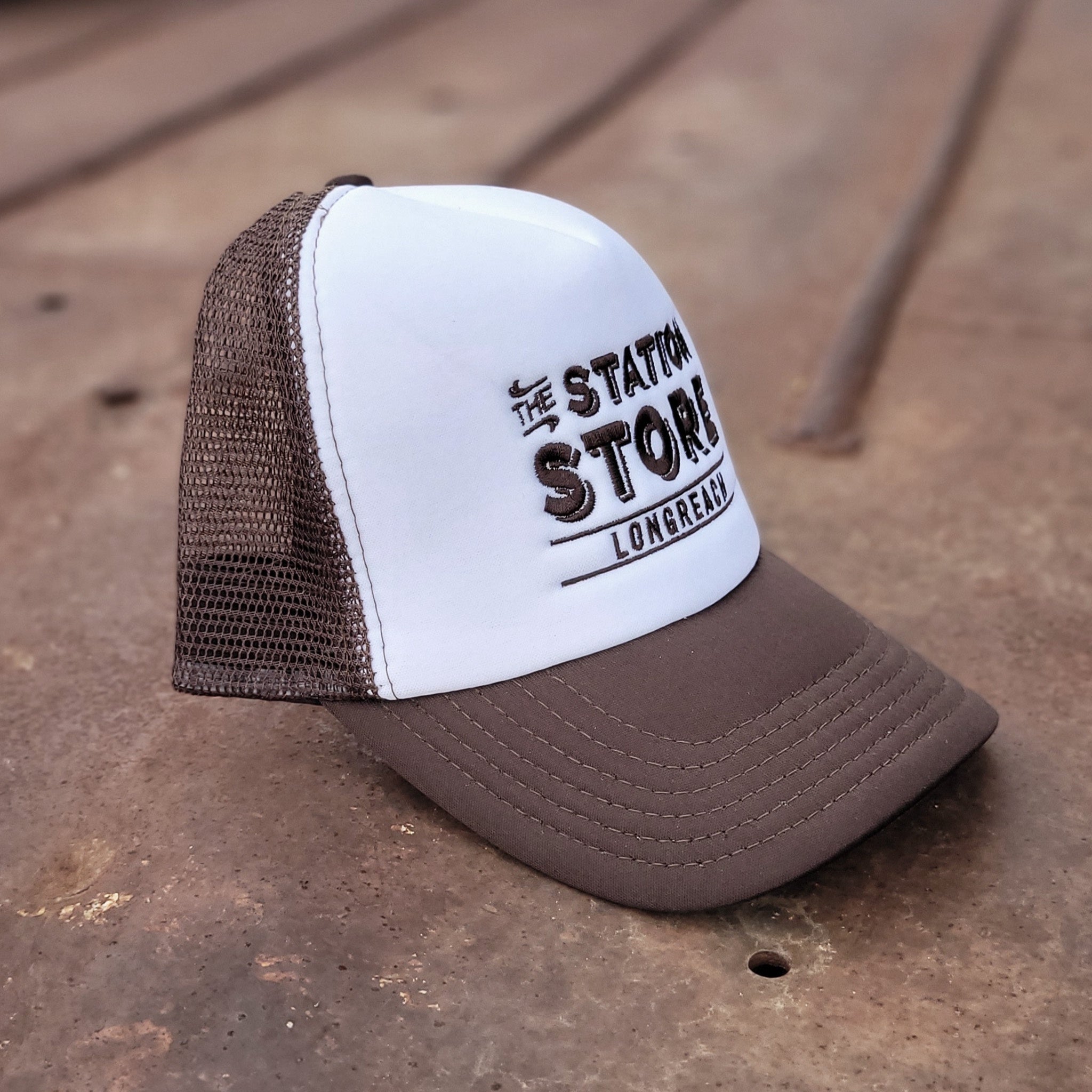 The Station Store Truckers cap brown and white.