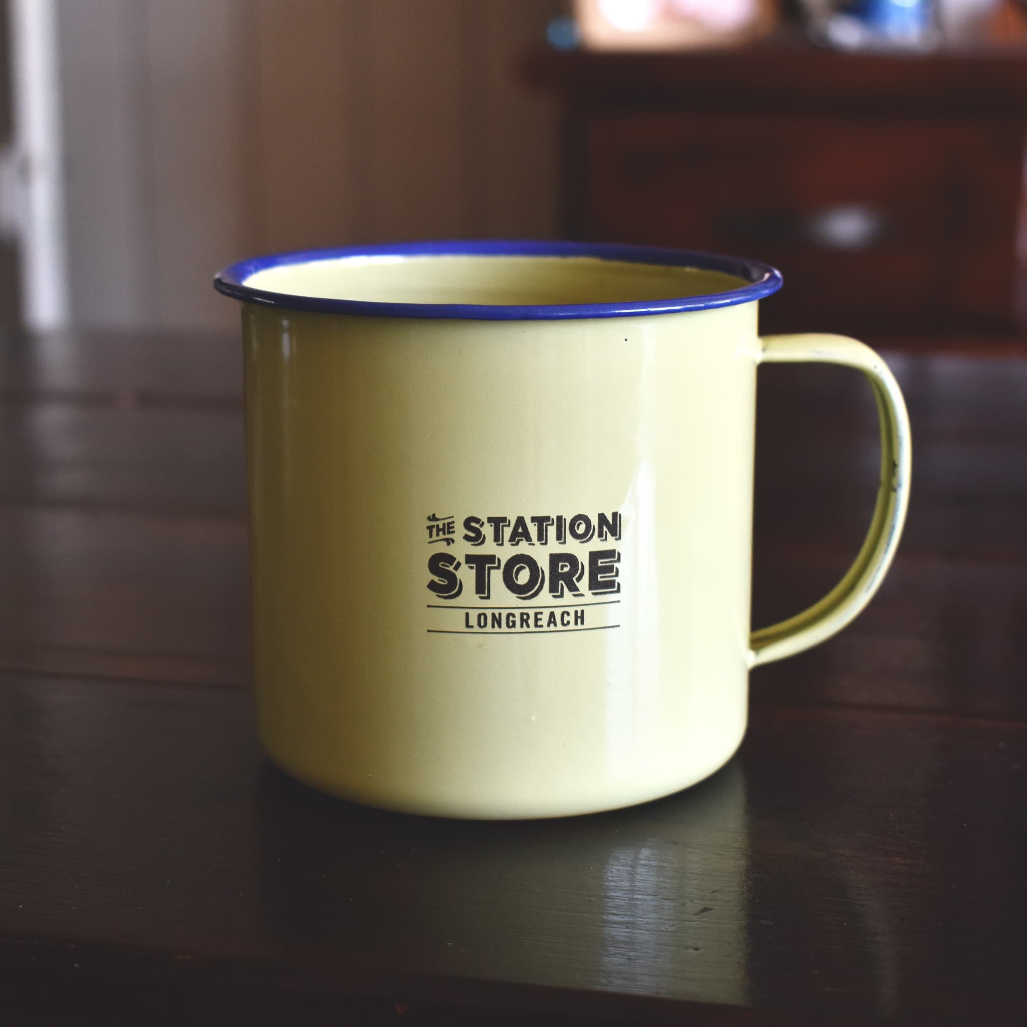 The Station Store, Longreach enamel mug, green, 10cm.