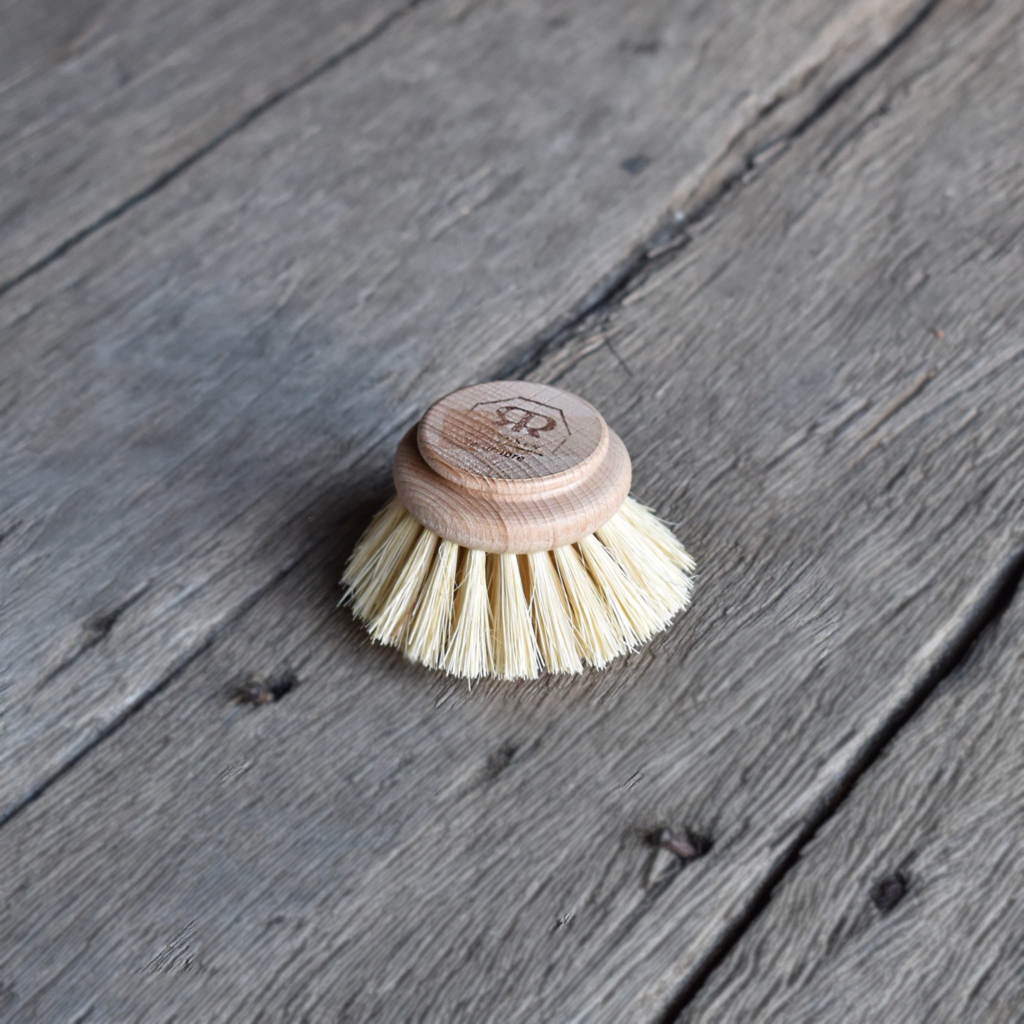 Redecker dish brush replacement head made from beechwood timber and tampico fiber bristles.