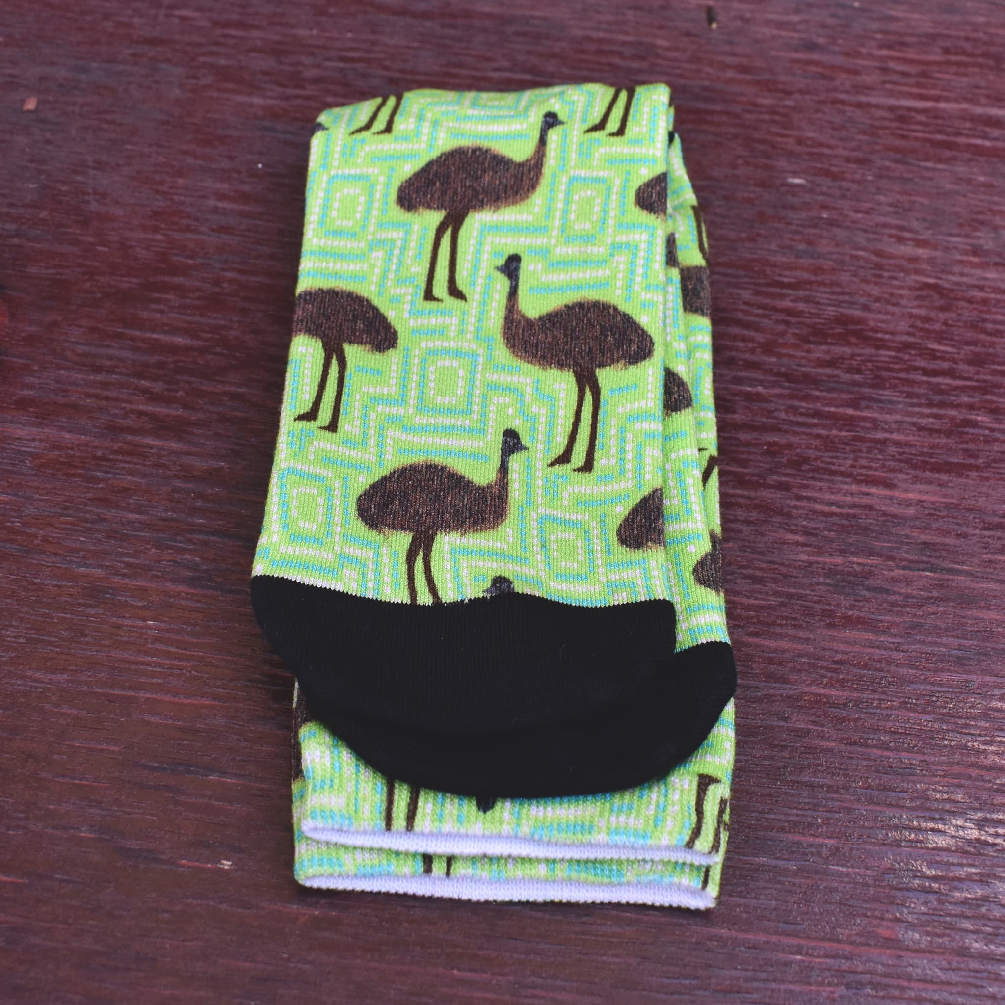 Patterned socks, old man emu