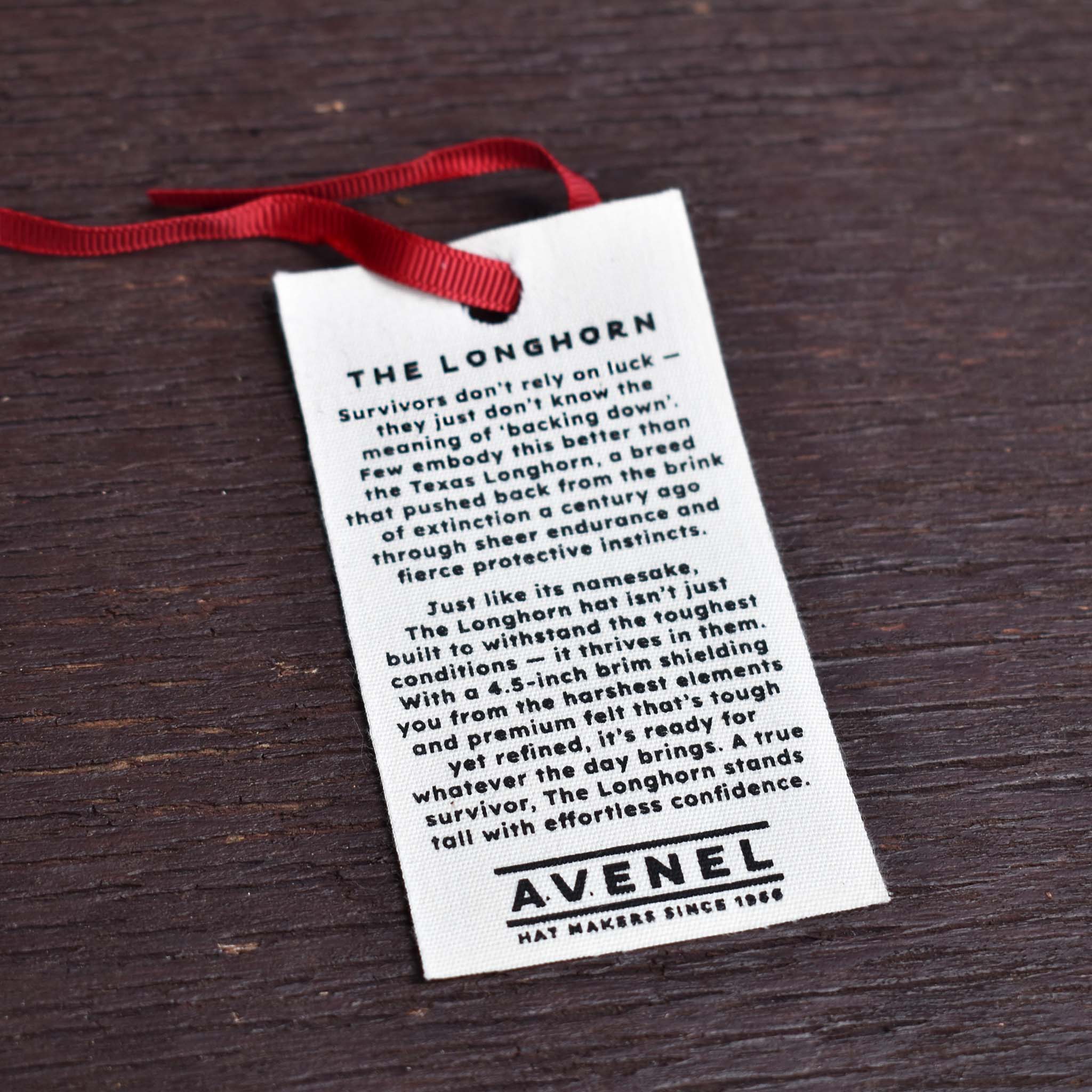 Avenel Hat label with information about the Longhorn hat. 