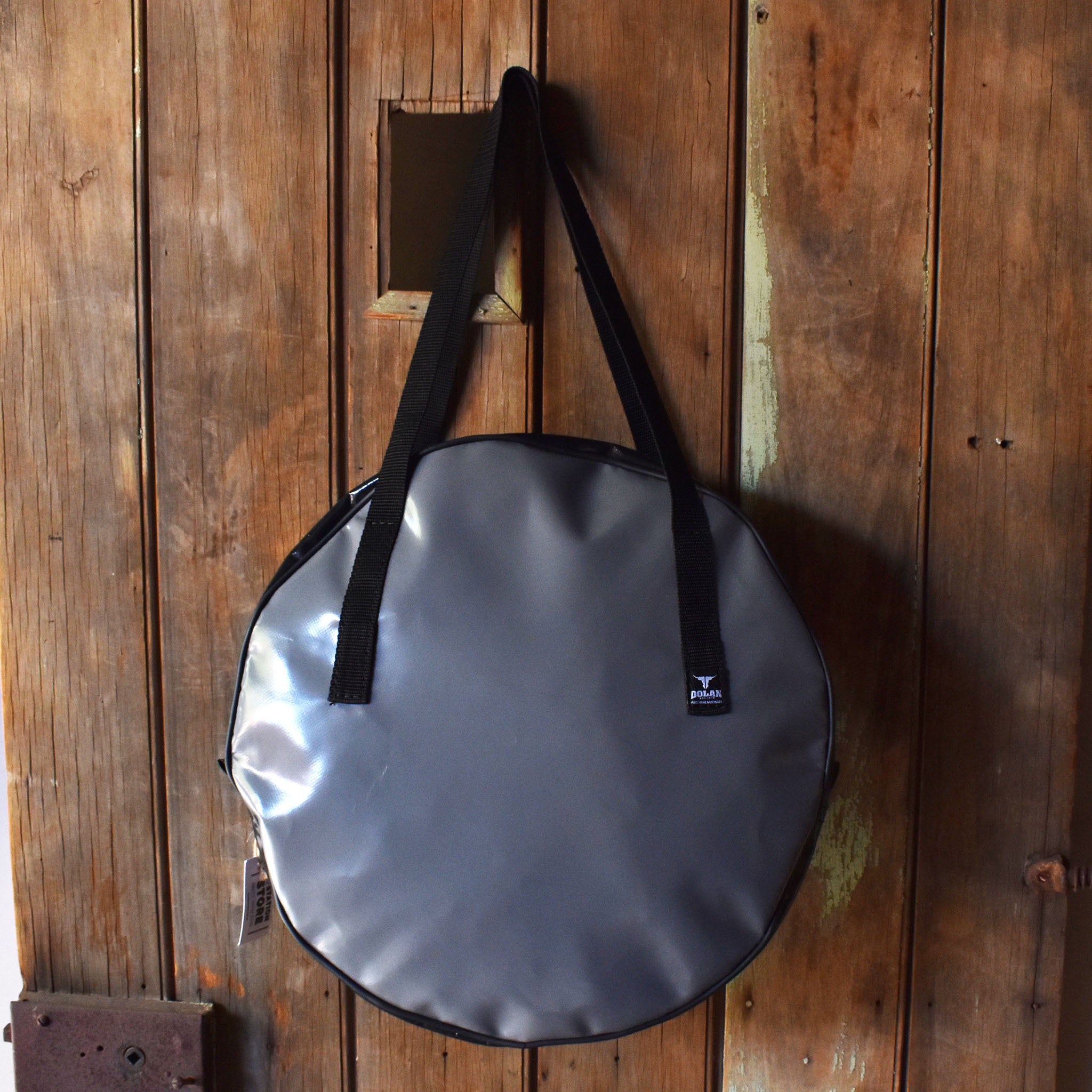 Grey and black rope bag PVC on rustic background