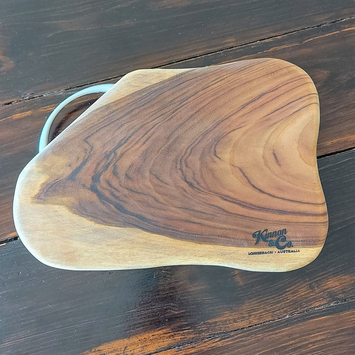 Kinnon and Co Longreach Australia branded Camphor Laurel chopping board with Stainless Steel Handle