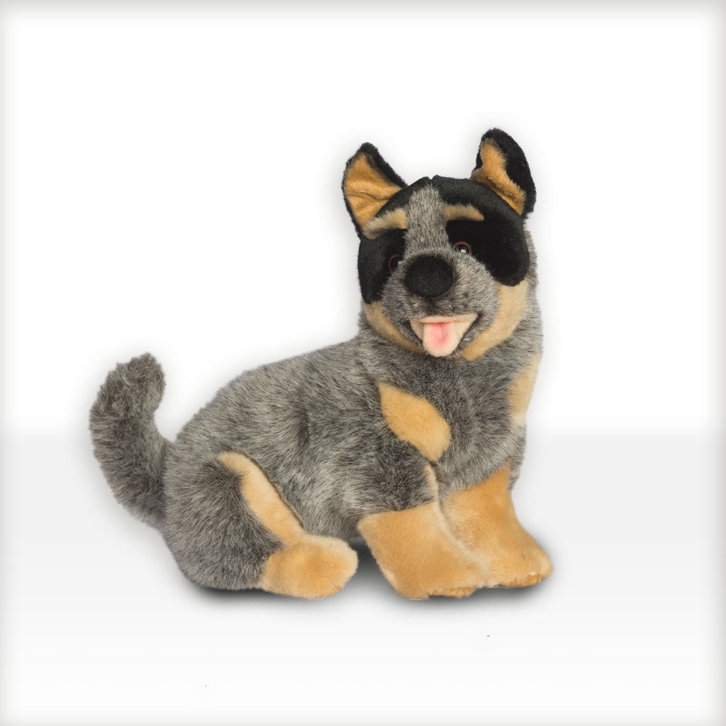 Small Blue Kelpie Dog - Soft Toy. Sitting position. Side view