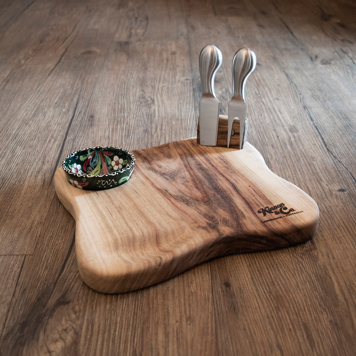 Kinnon and Co branded Camphor Laurel Wooden Cheeseboard with Turkish bowl and cheese knife and fork