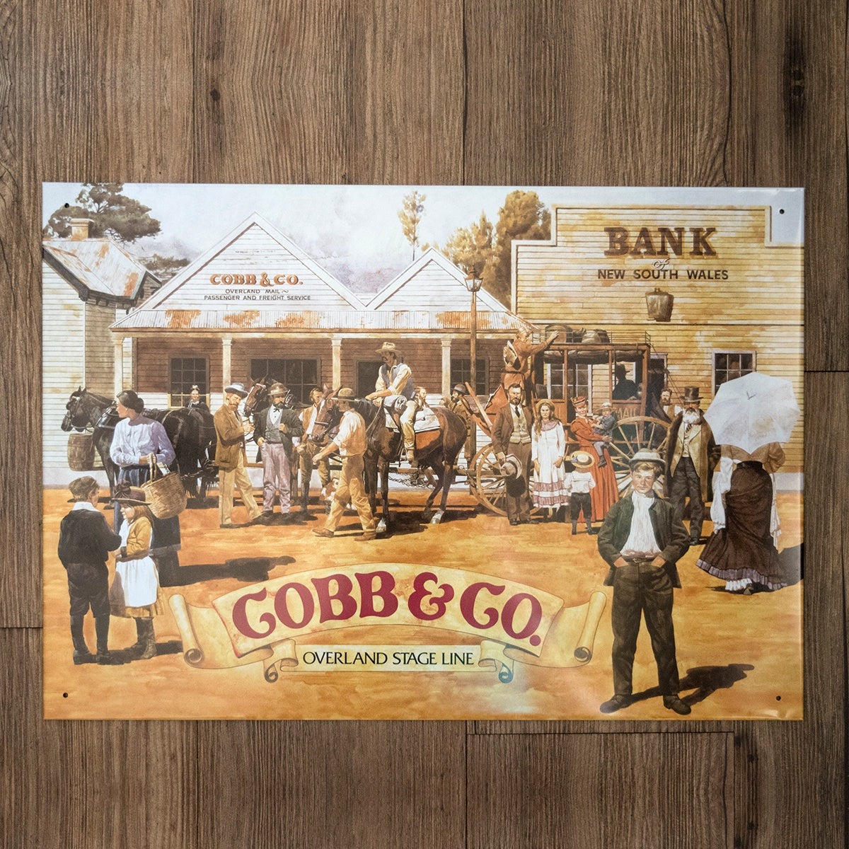 Street view of Cobb and Co. coach, horses and buildings, Heritage Tin Sign