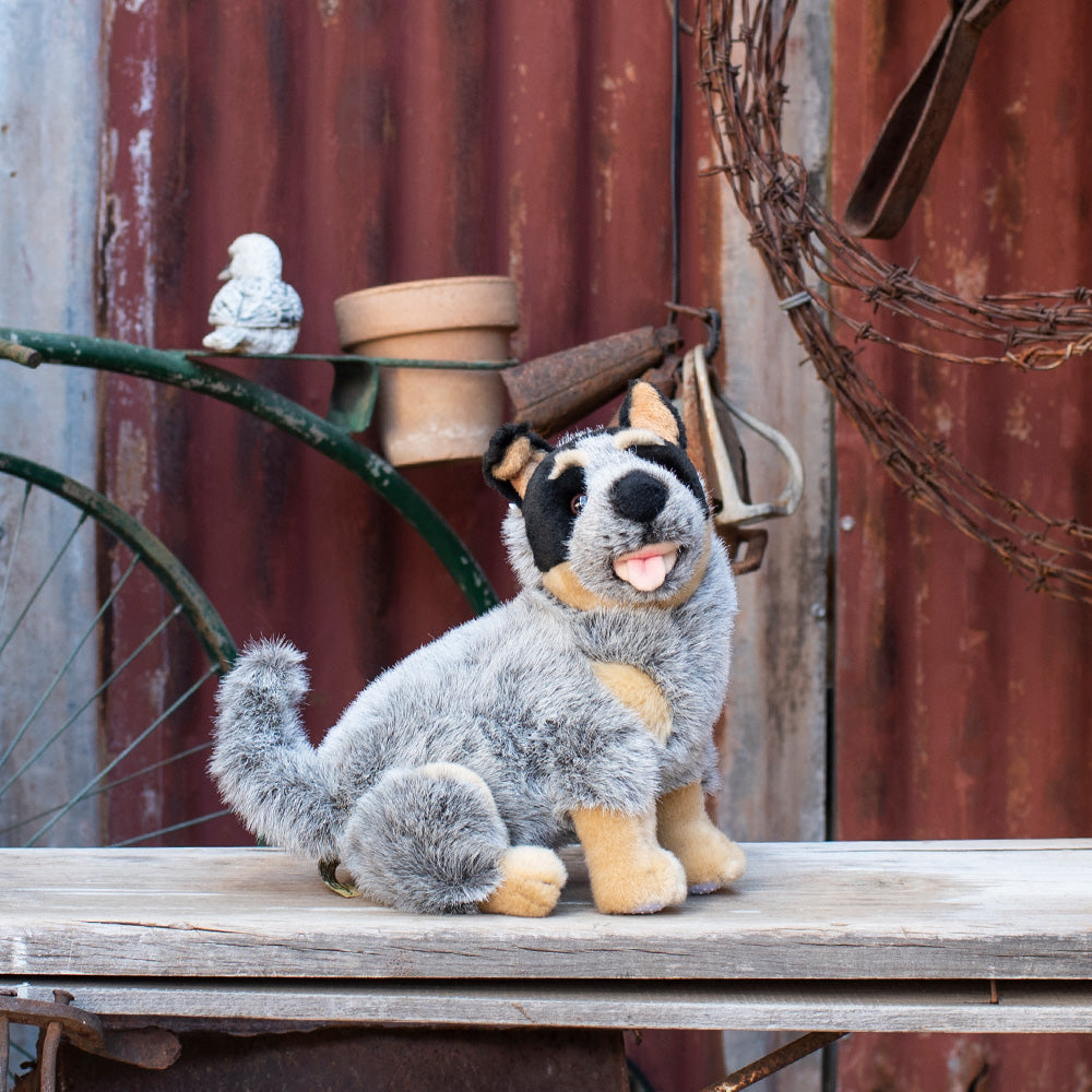 Sitting Small Blue Kelpie Dog - Soft Toy. Side view