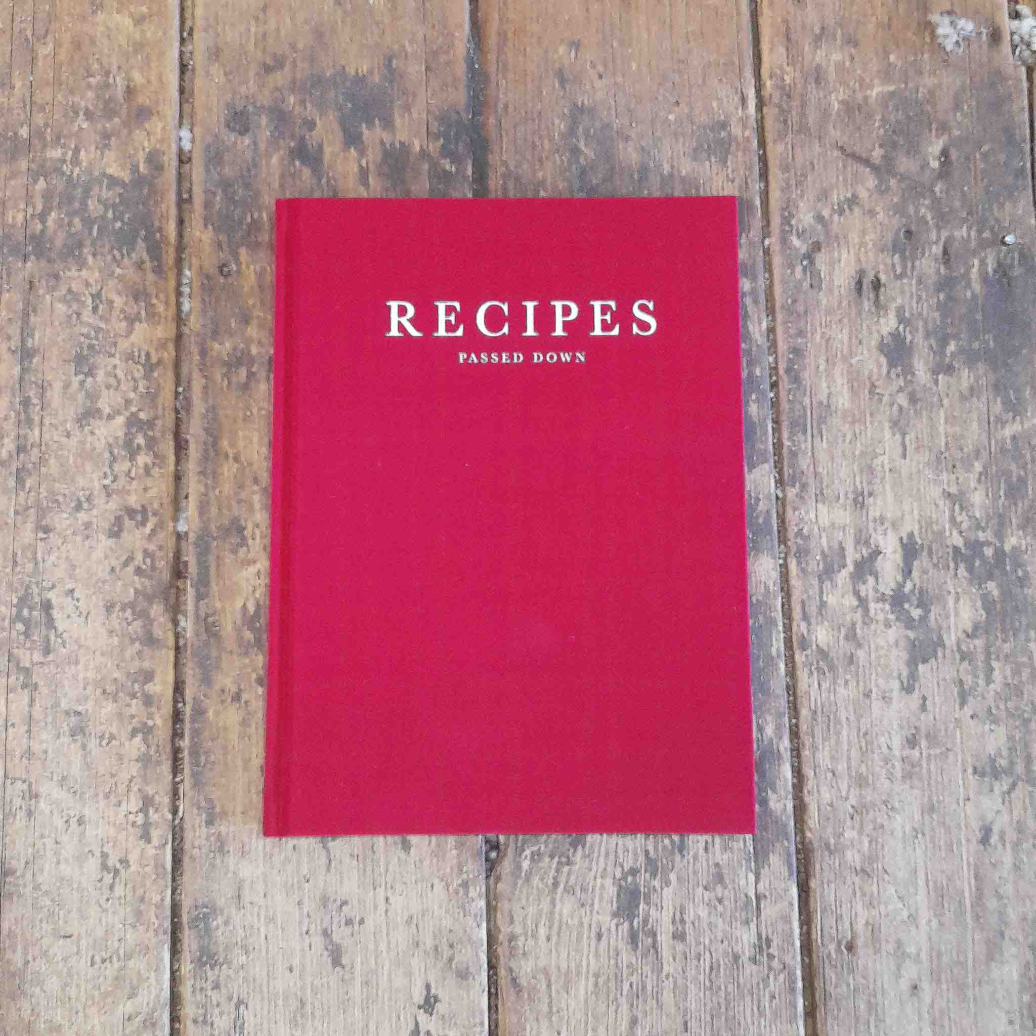 Recipes Passed Down book. Wine coloured cover.