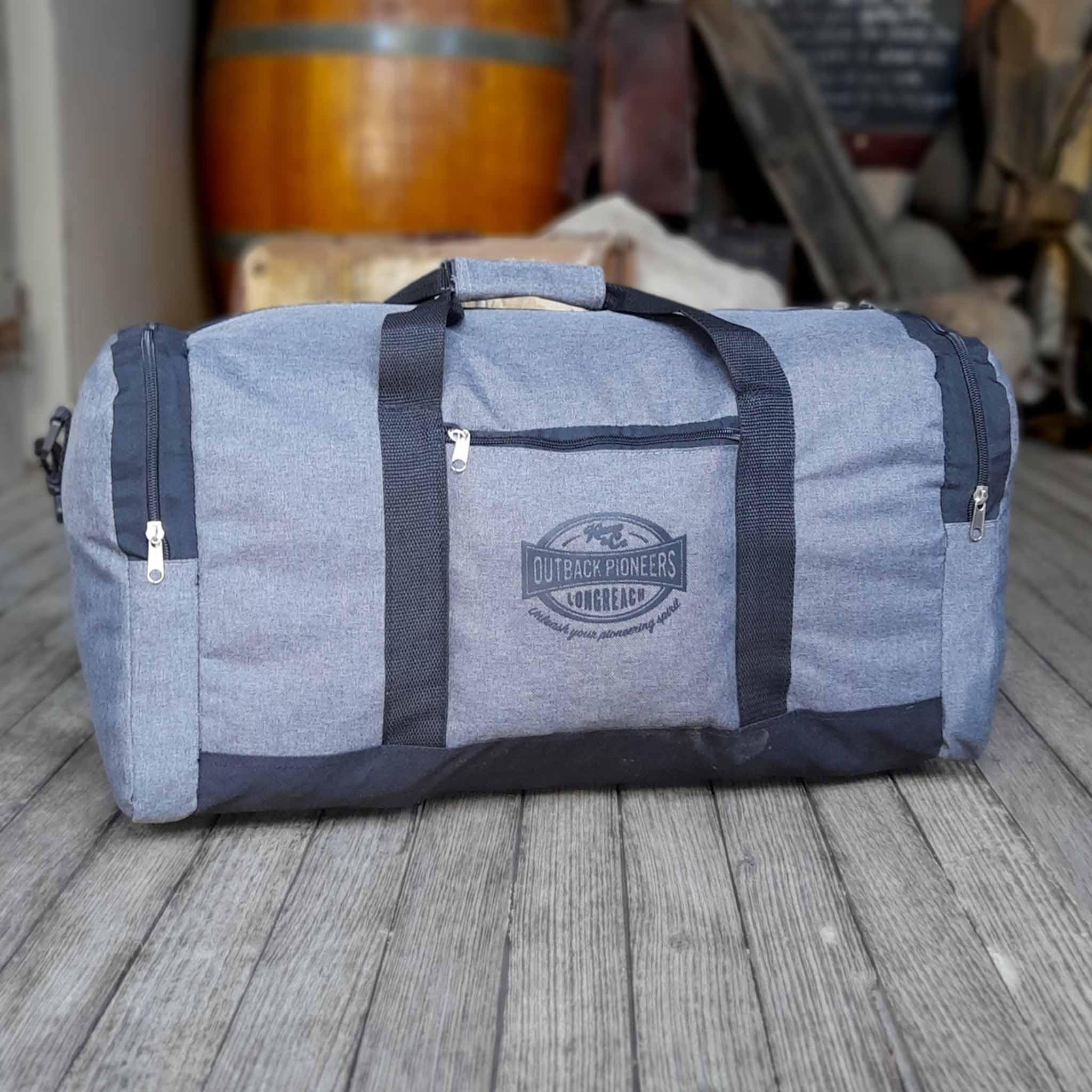 Outback Pioneers branded Black and Grey Duffle Bag. Carry on size.
