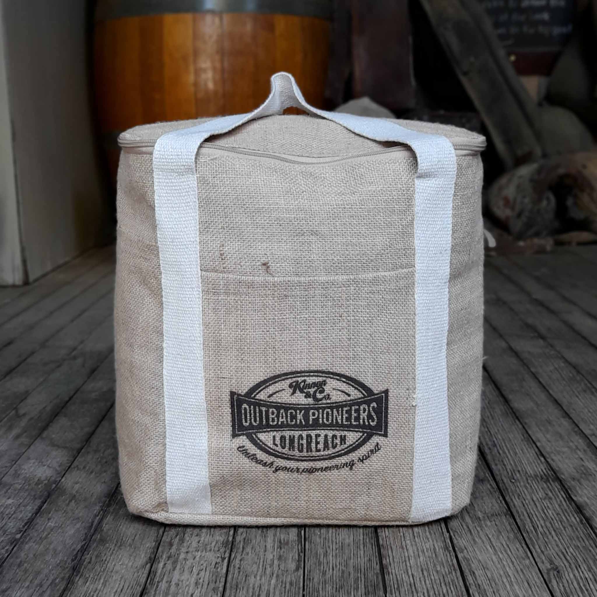 Outback Pioneers branded Jute Cooler bag with cotton handles
