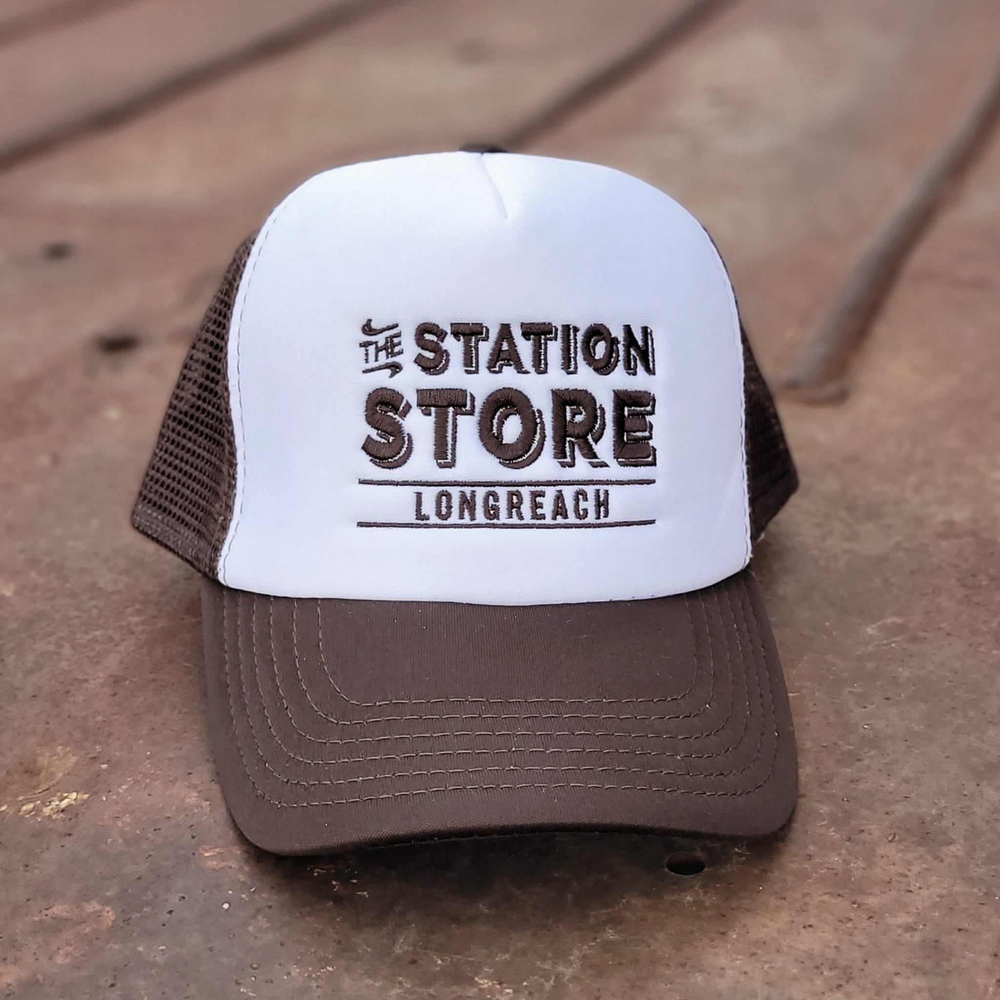 The Station Store Truckers cap brown and white.