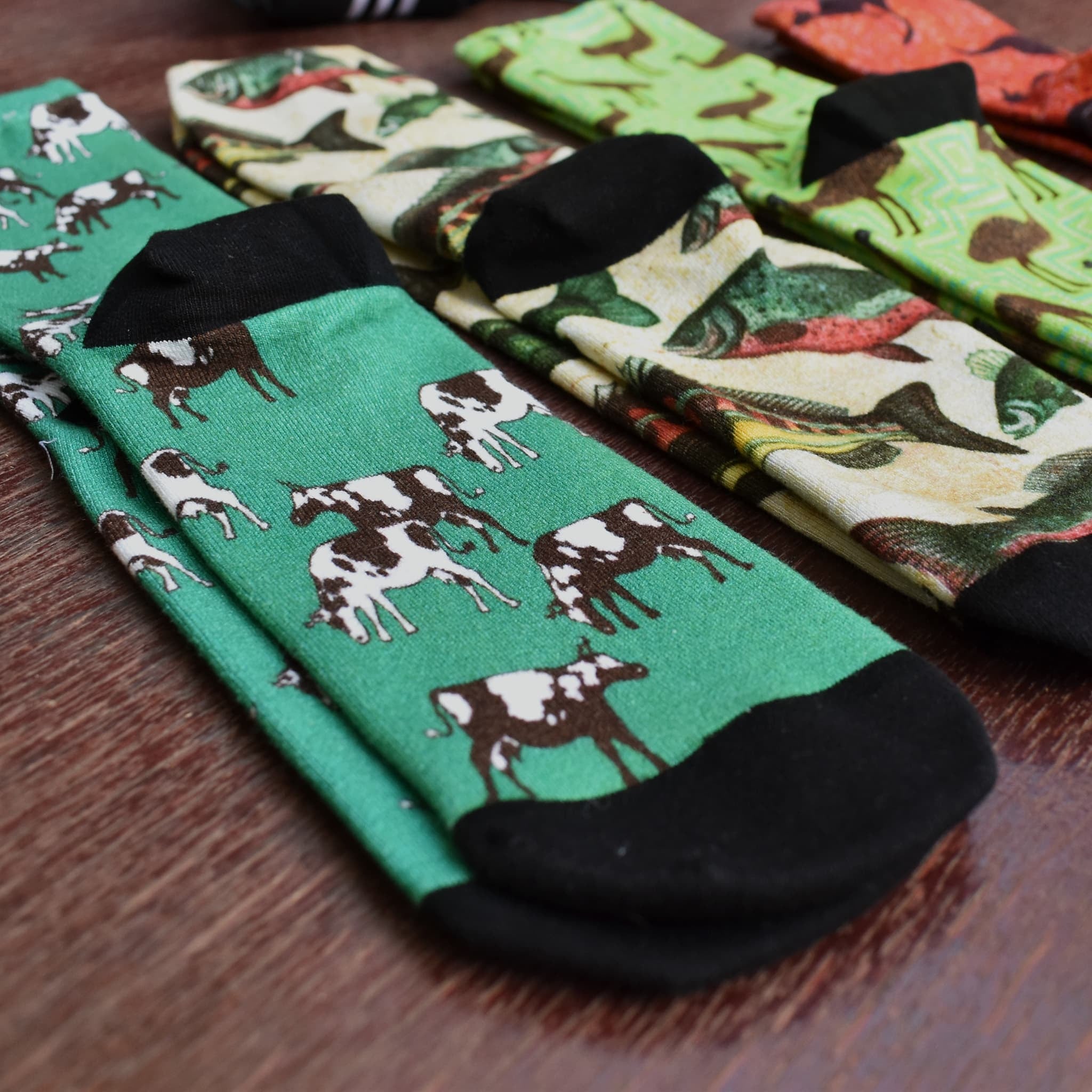 Patterned socks, cows, fish, emu and kangaroo