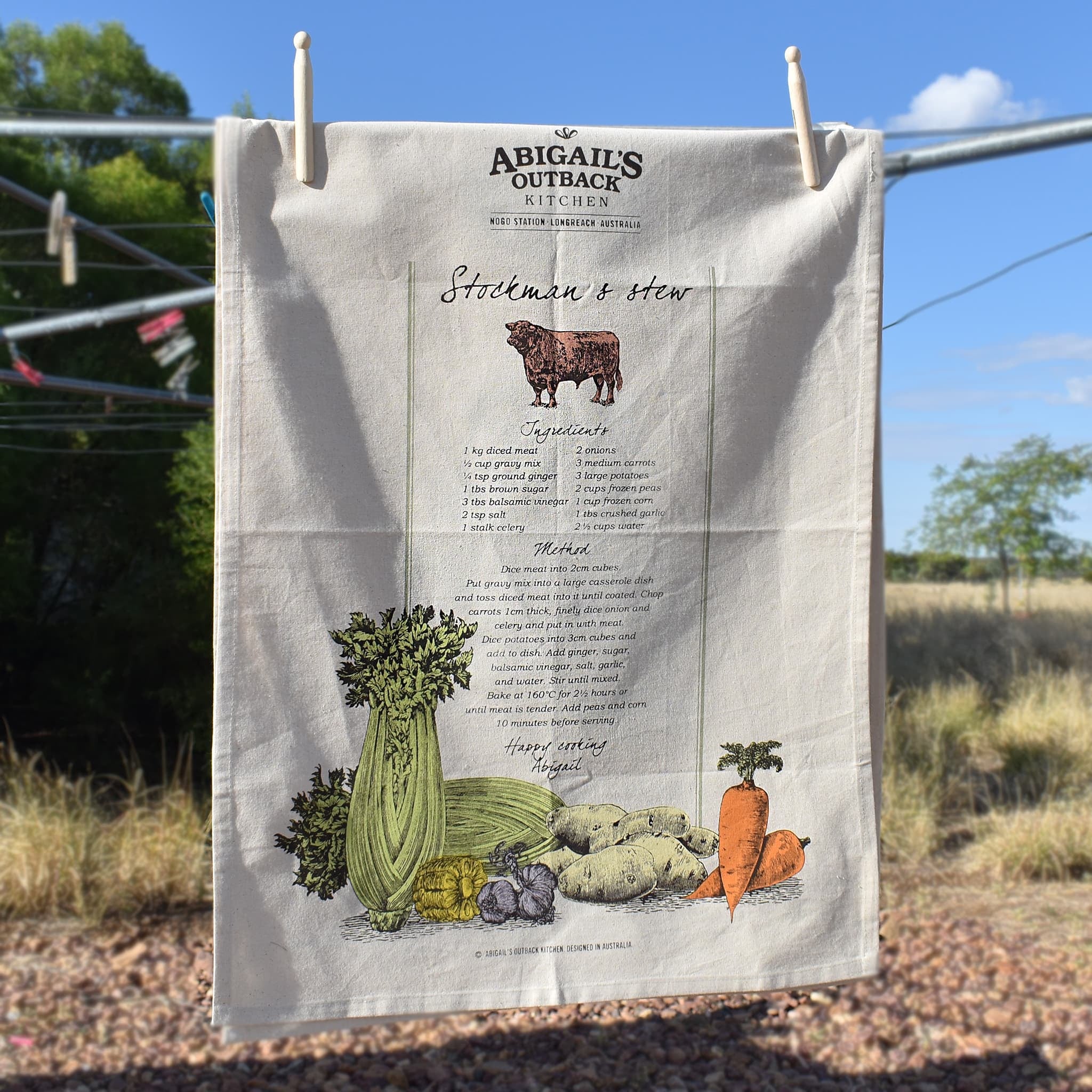 Stockman's Stew recipe on cotton tea towel. 